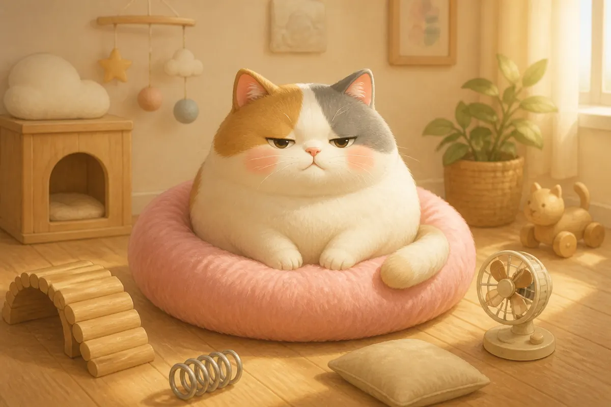 BumBum, a round sleepy calico cat, sitting in a pink bed surrounded by wooden toys